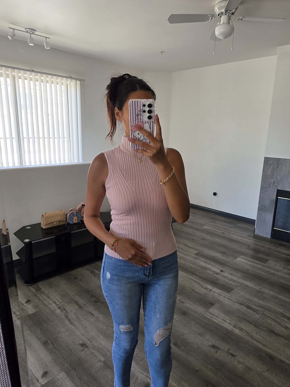 Sleeveless Ribbed Mock Neck Tank Top - Pink